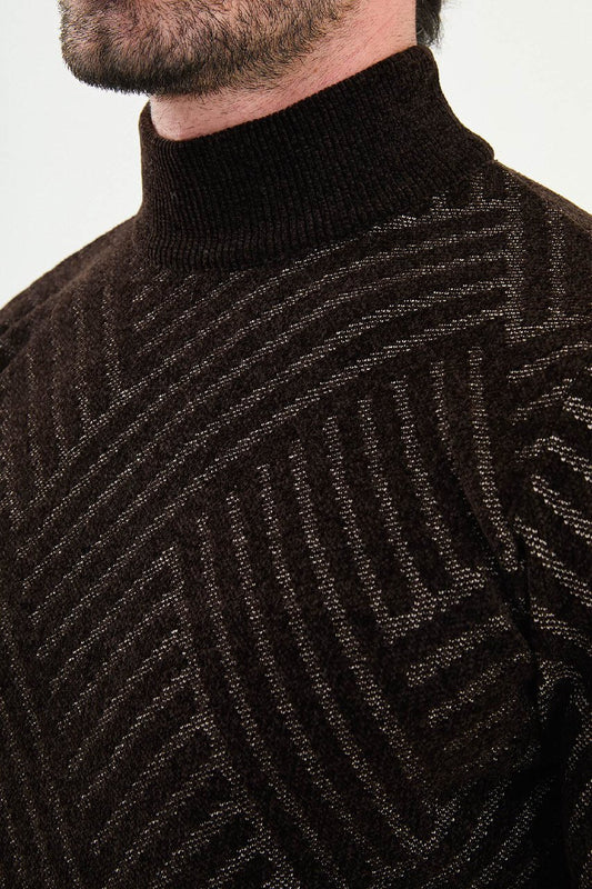 A men’s slim fit brown patterned turtleneck sweater with a geometric design, part of the Fall-Winter collection.