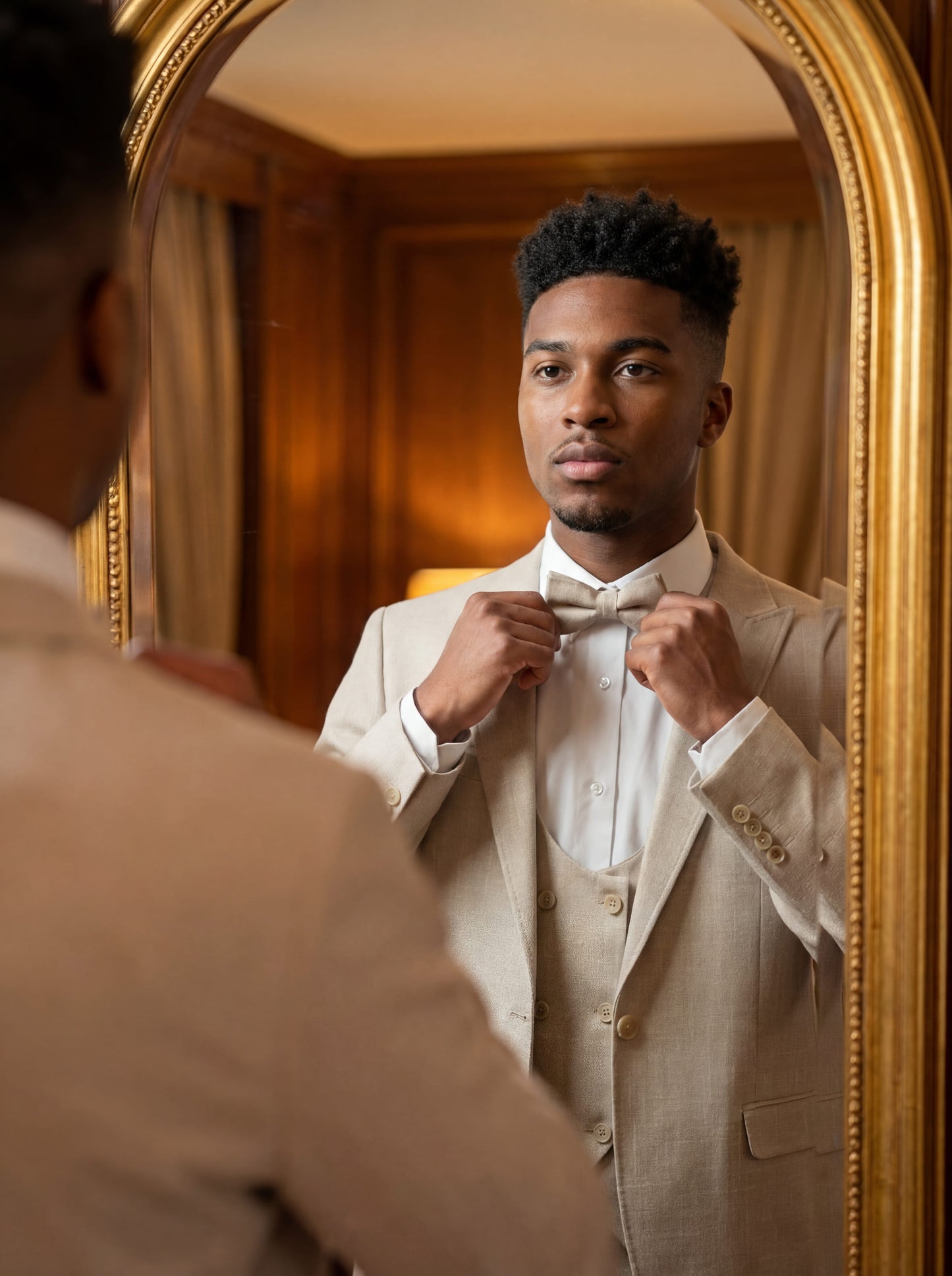 Ravishing Beige Teen Prom Tuxedo - Teen model wearing a slim fit beige tuxedo with bow tie, standing confidently at a formal event.