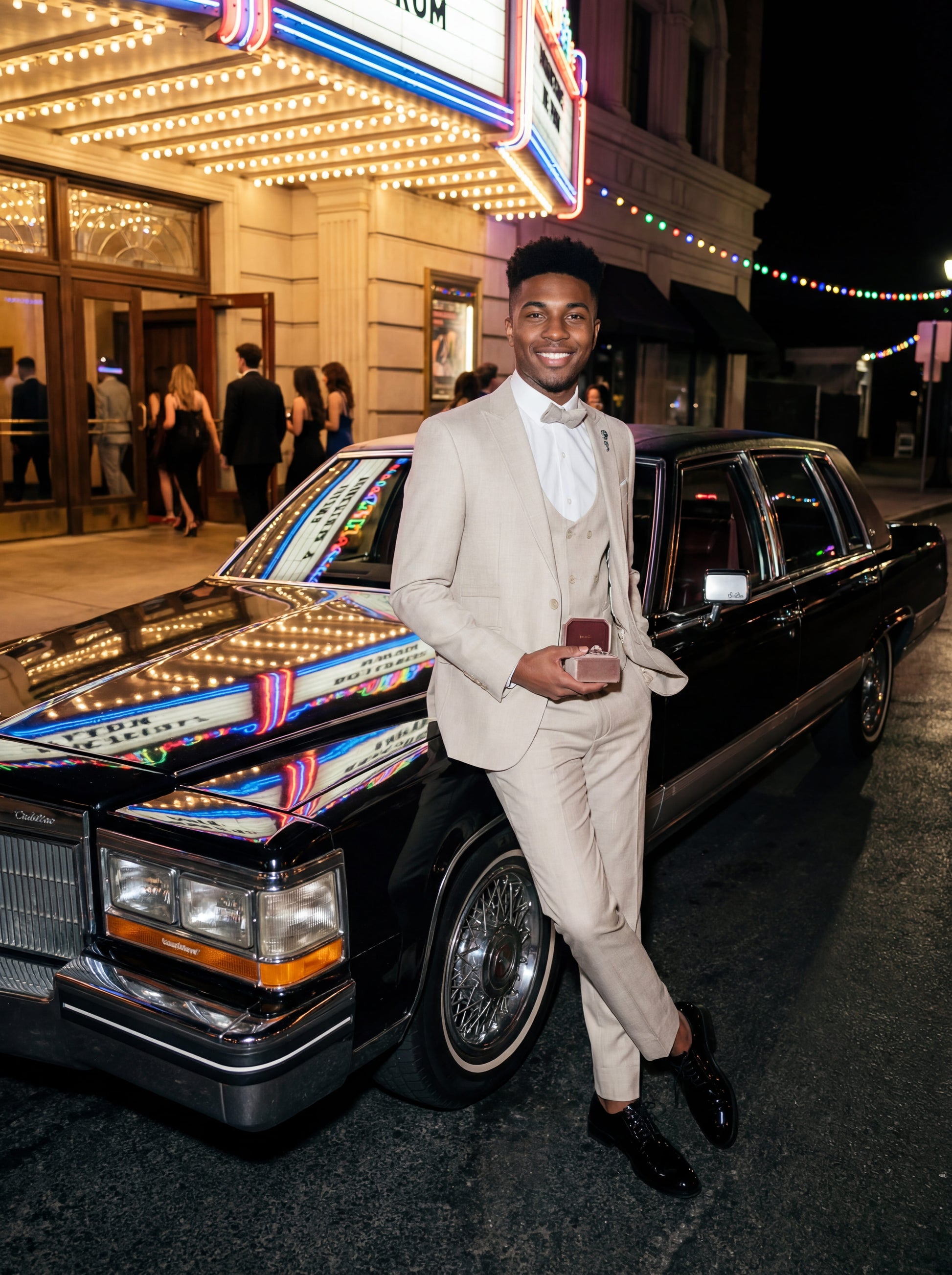 Ravishing Beige Teen Prom Tuxedo - Teen model wearing a slim fit beige tuxedo with bow tie, standing confidently at a formal event.