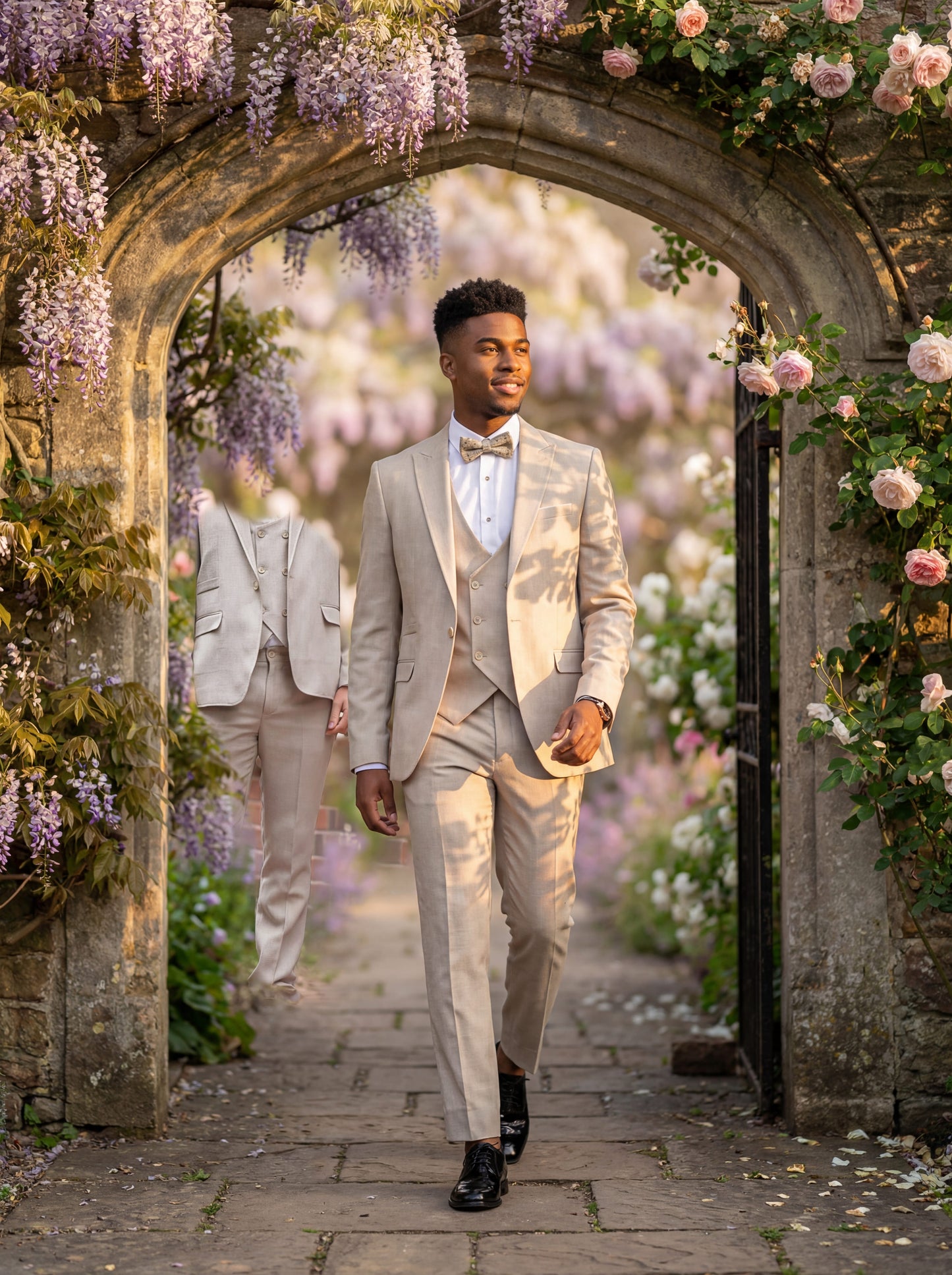 Ravishing Beige Teen Prom Tuxedo - Teen model wearing a slim fit beige tuxedo with bow tie, standing confidently at a formal event.
