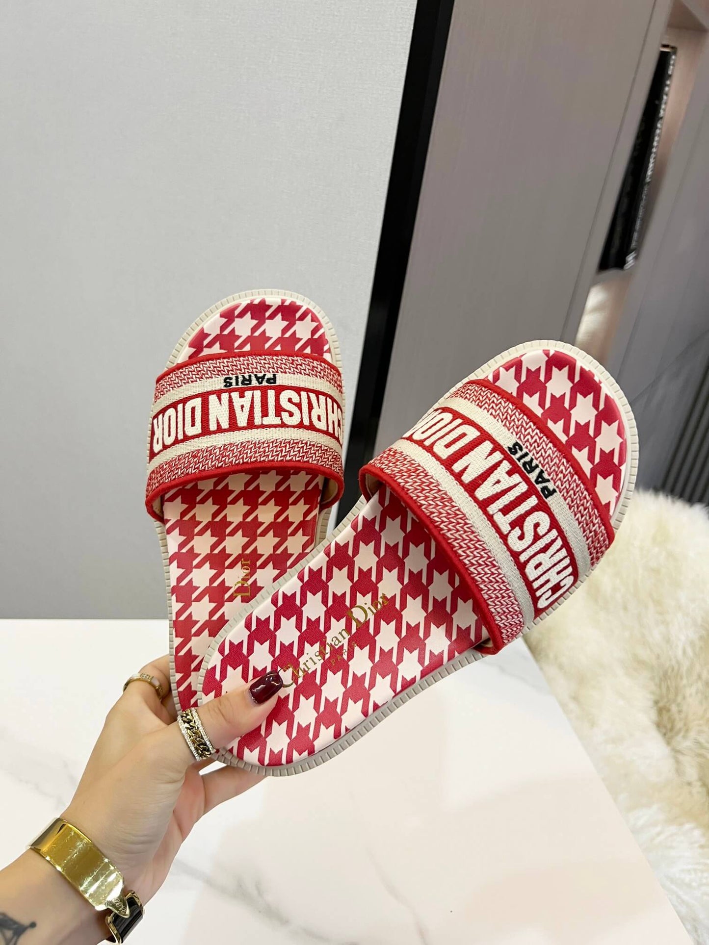 Dior D-Way Red and White Houndstooth with Matching Embroidered Strap Slide