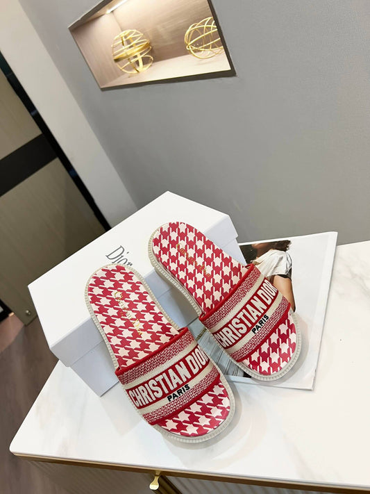 Dior D-Way Red and White Houndstooth with Matching Embroidered Strap Slide