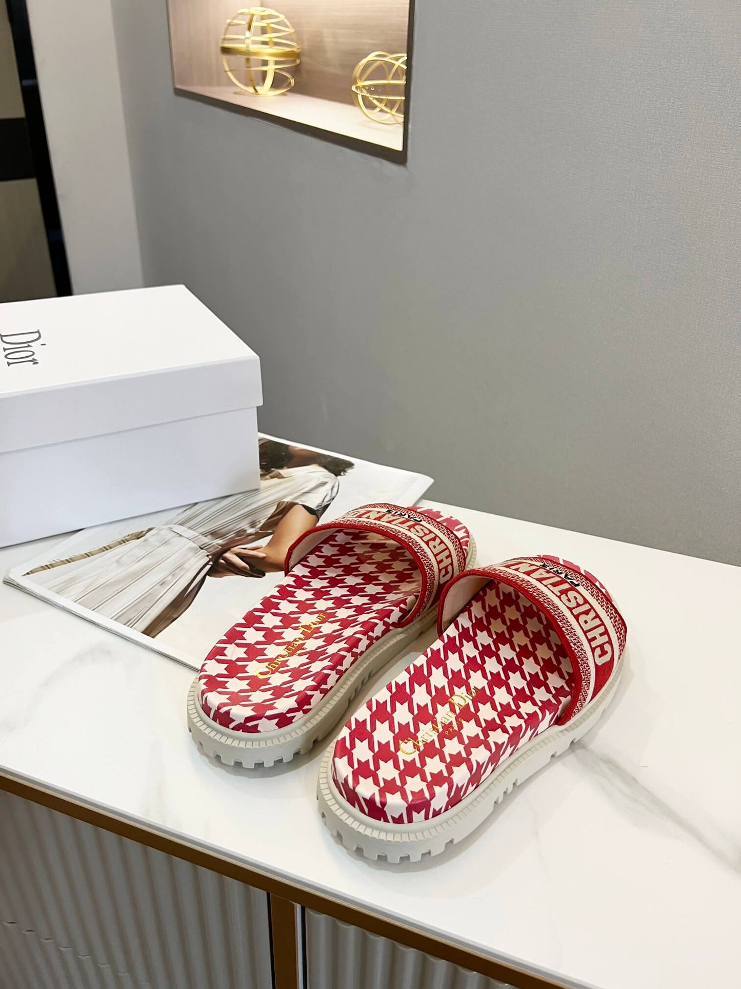Dior D-Way Red and White Houndstooth with Matching Embroidered Strap Slide