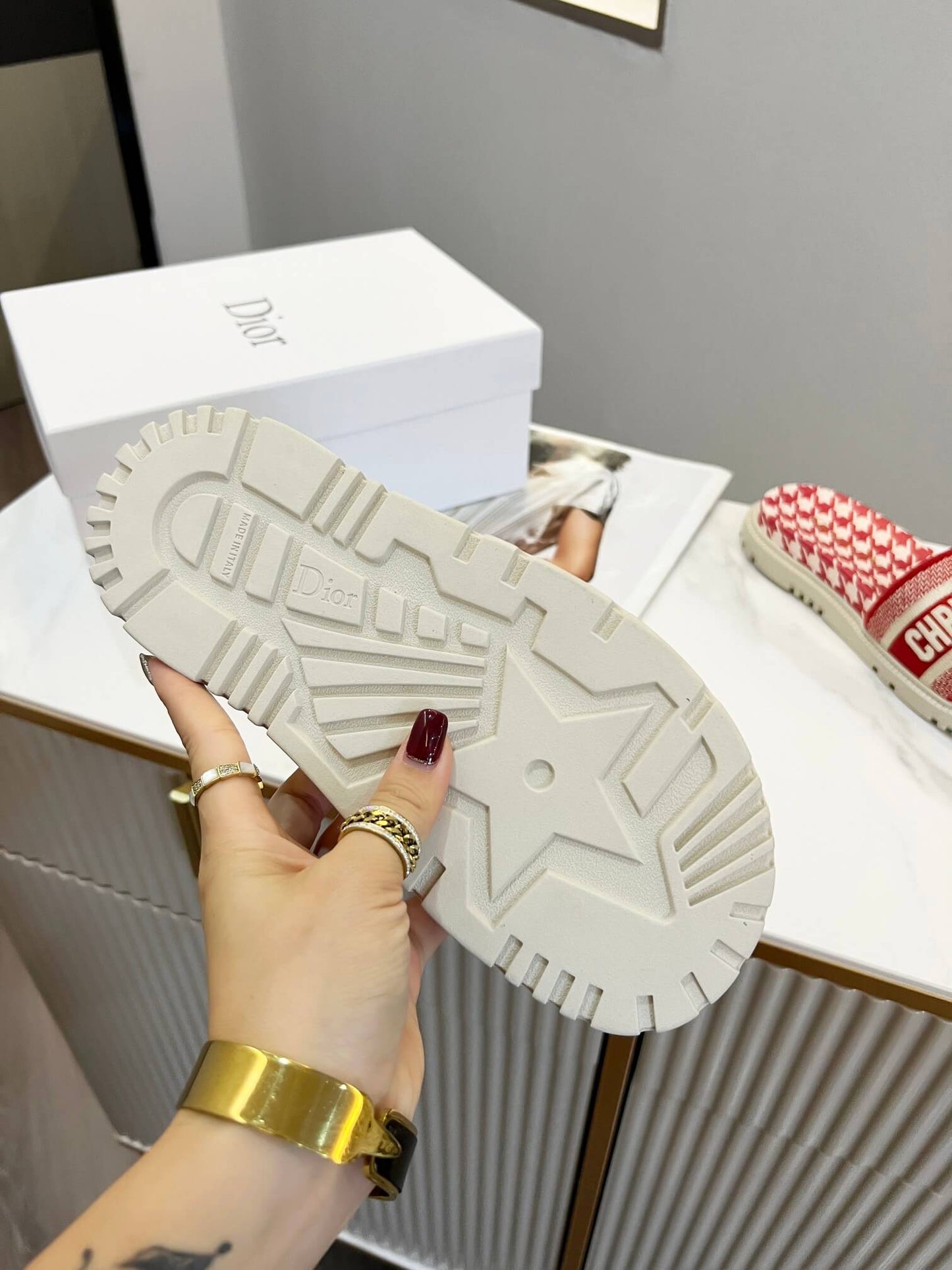 Dior D-Way Red and White Houndstooth with Matching Embroidered Strap Slide