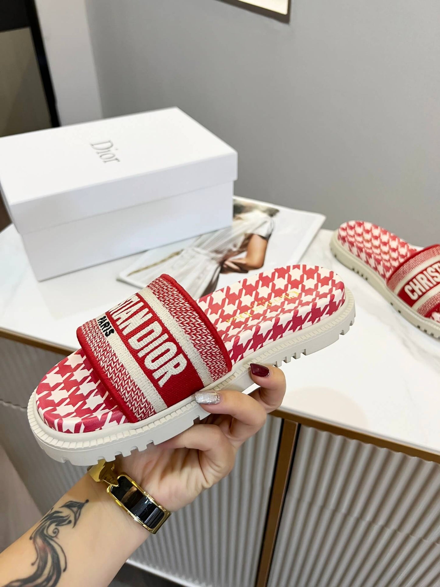 Dior D-Way Red and White Houndstooth with Matching Embroidered Strap Slide