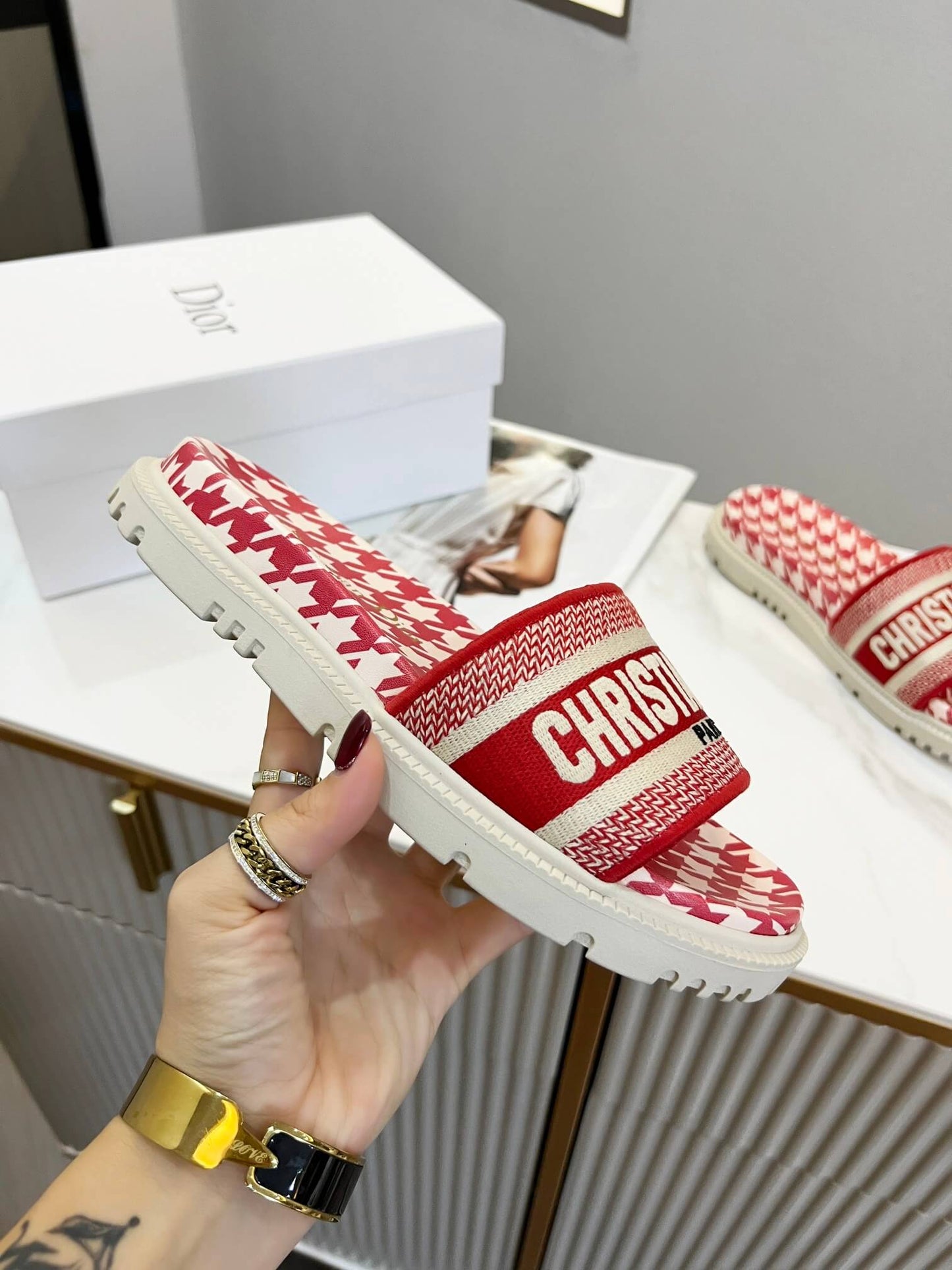 Dior D-Way Red and White Houndstooth with Matching Embroidered Strap Slide