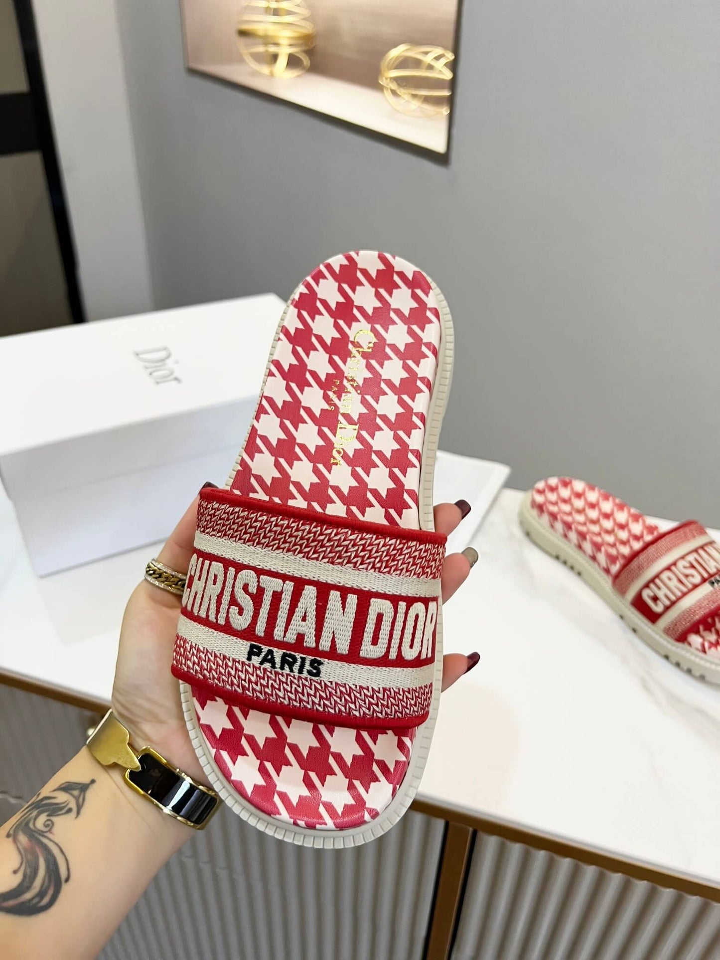 Dior D-Way Red and White Houndstooth with Matching Embroidered Strap Slide