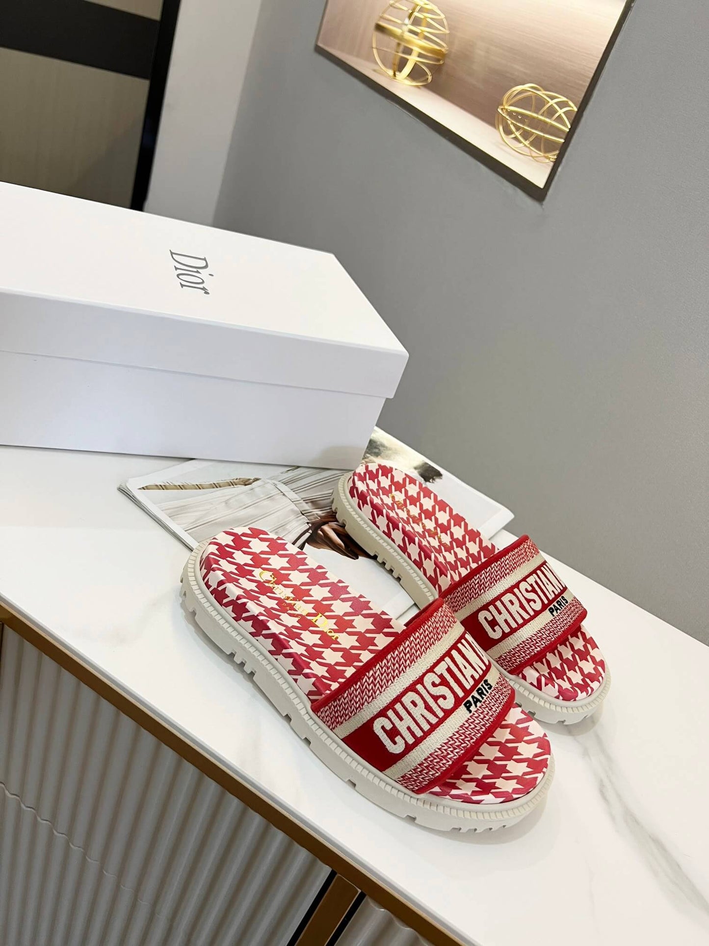 Dior D-Way Red and White Houndstooth with Matching Embroidered Strap Slide