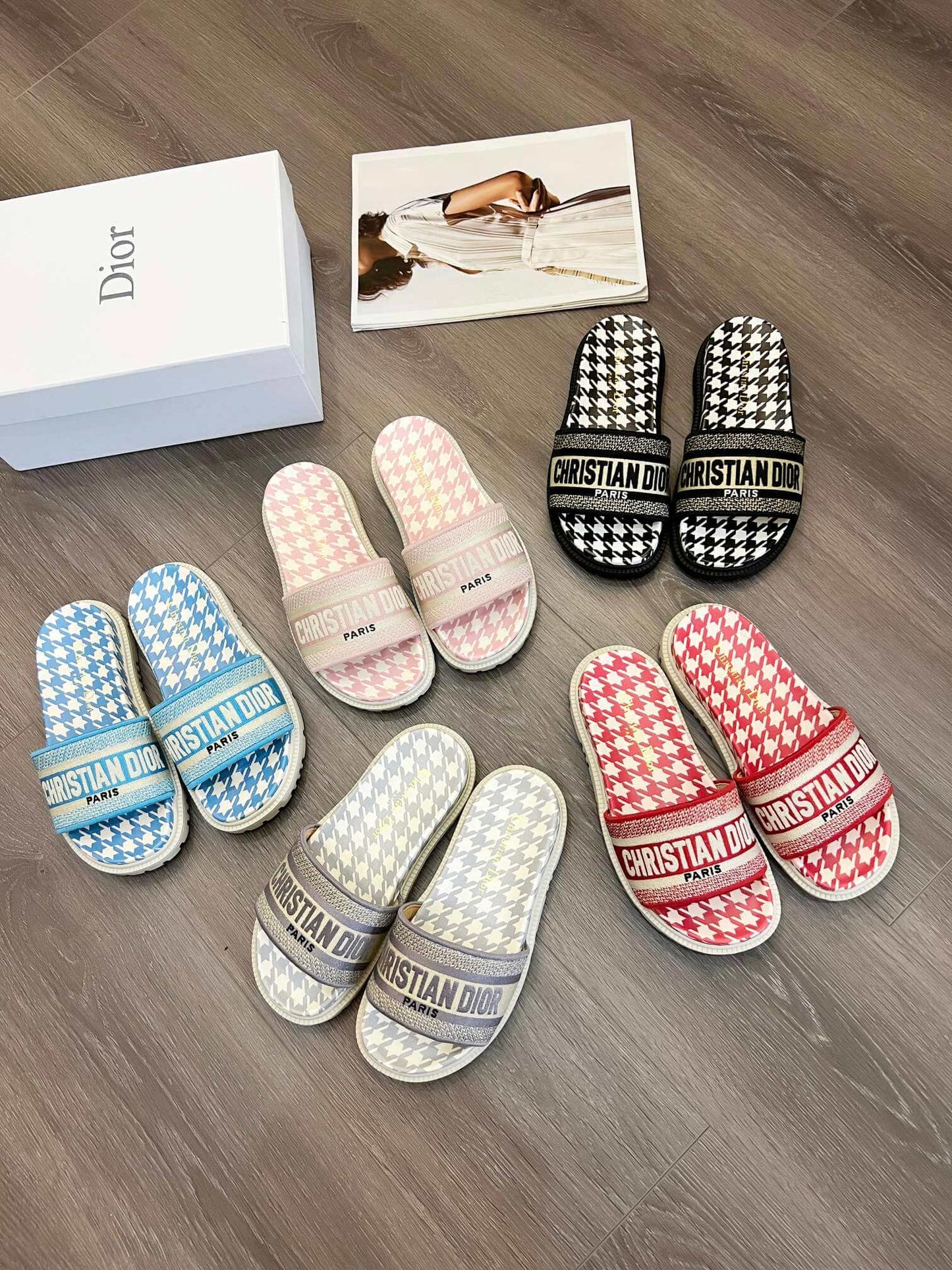 Dior D-Way Red and White Houndstooth with Matching Embroidered Strap Slide