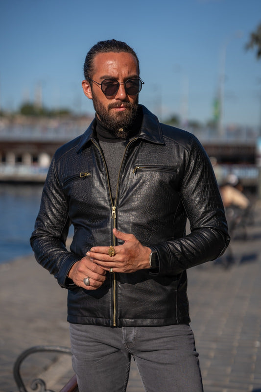 A Slim Fit Special Design Leather Jacket on display