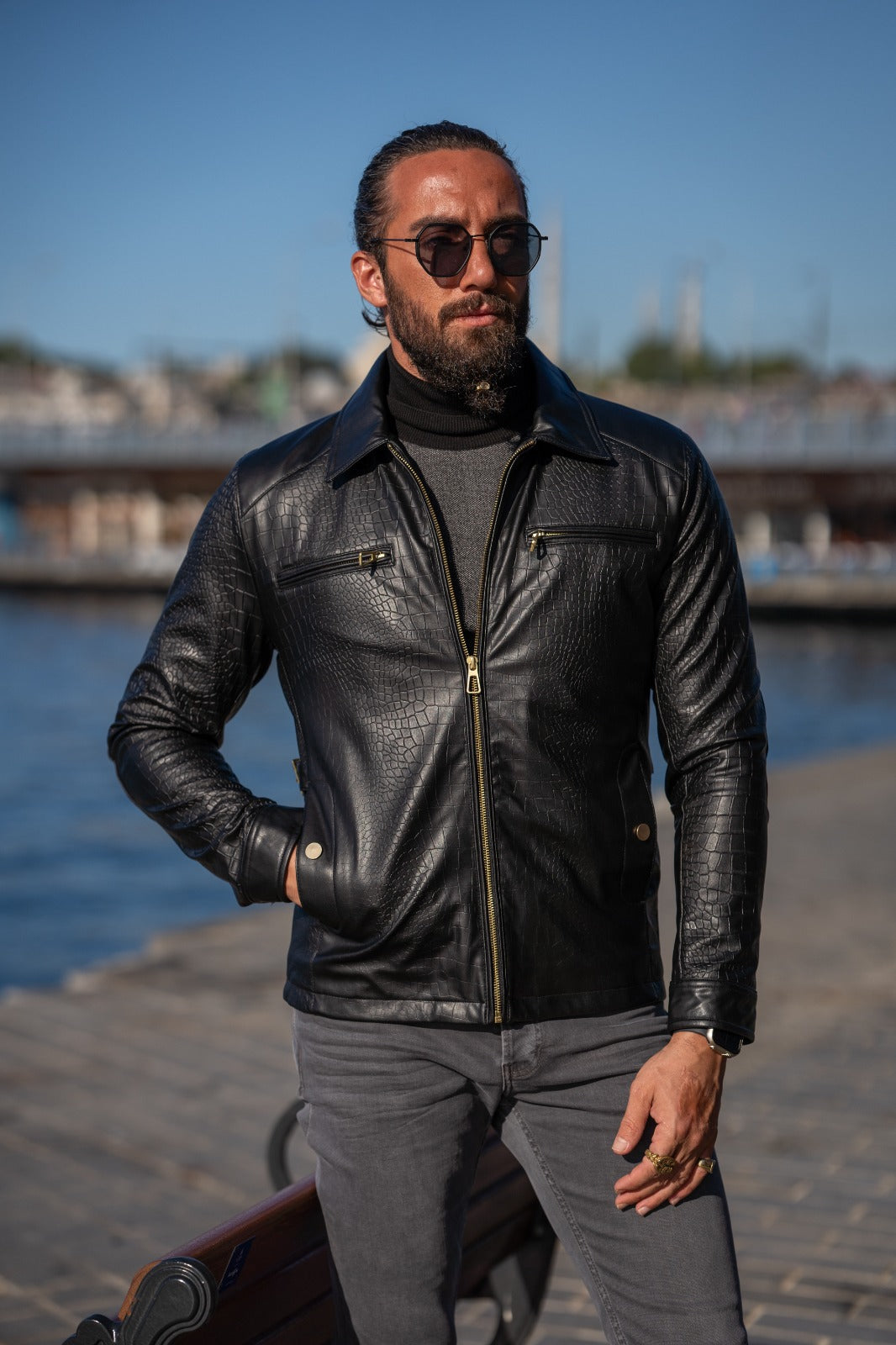 A Slim Fit Special Design Leather Jacket on display