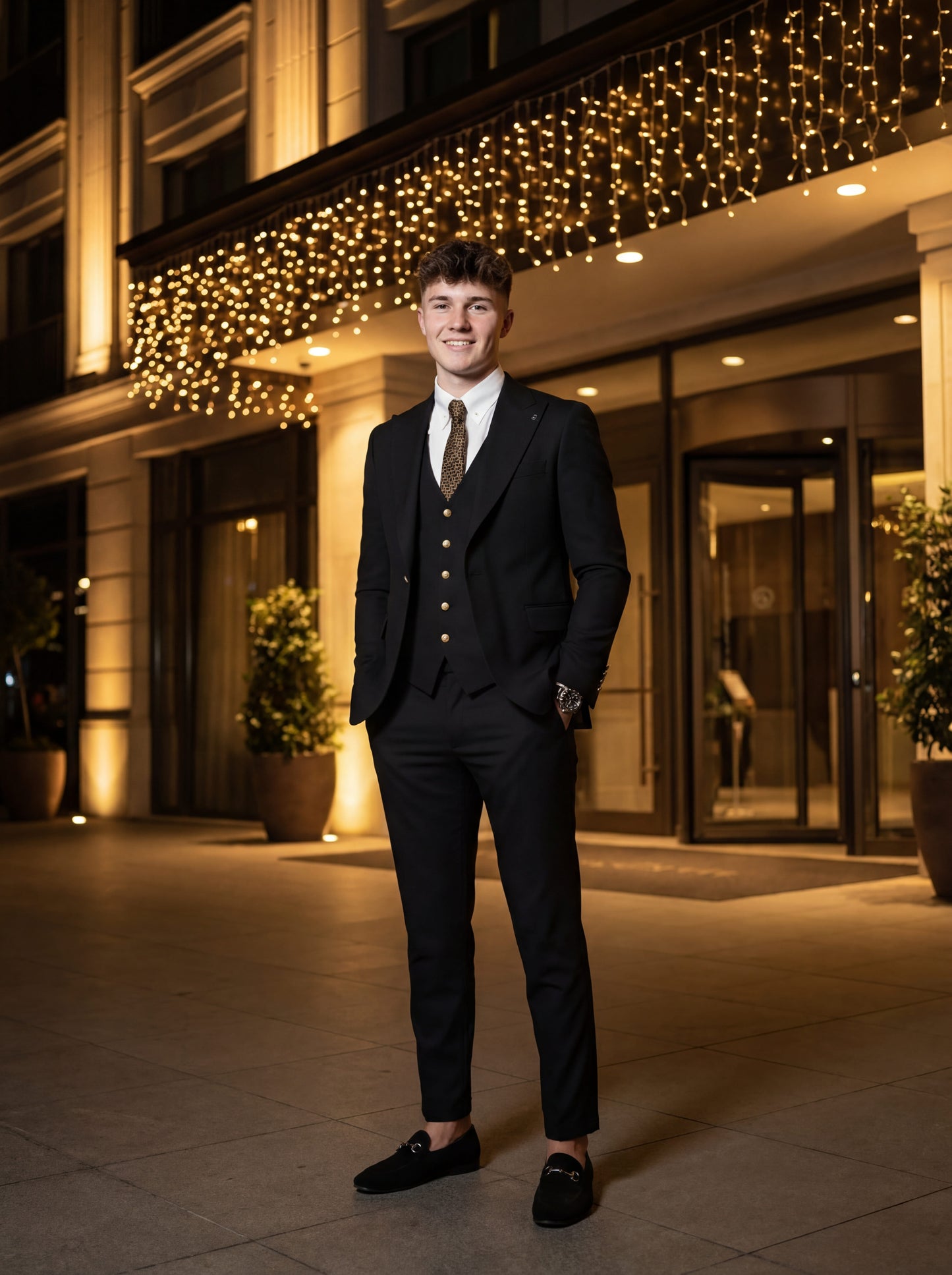 Model in Elegant Black Slim Fit 3-Piece Prom Suit standing outdoors with confident smile.