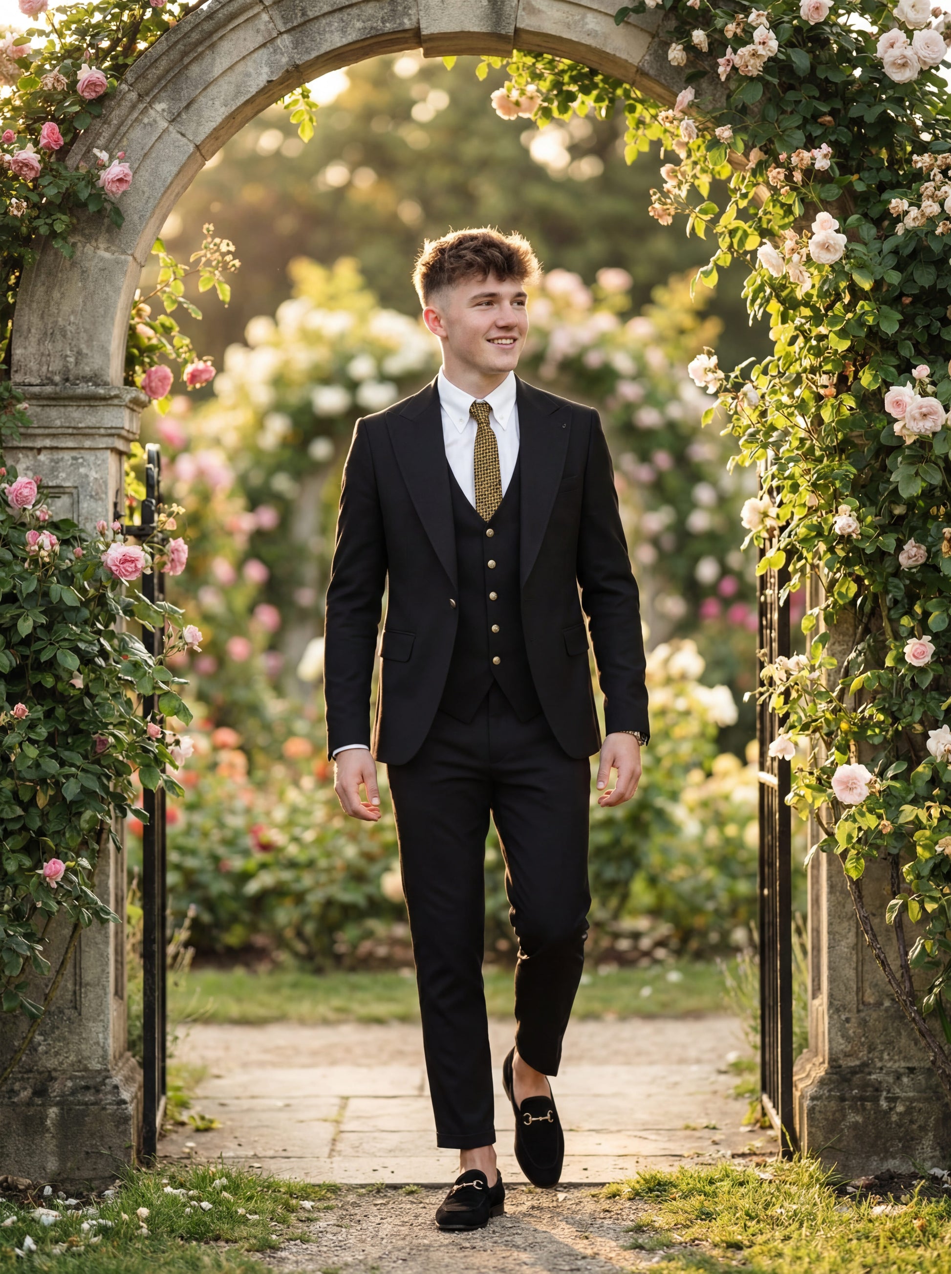 Model in Elegant Black Slim Fit 3-Piece Prom Suit standing outdoors with confident smile.