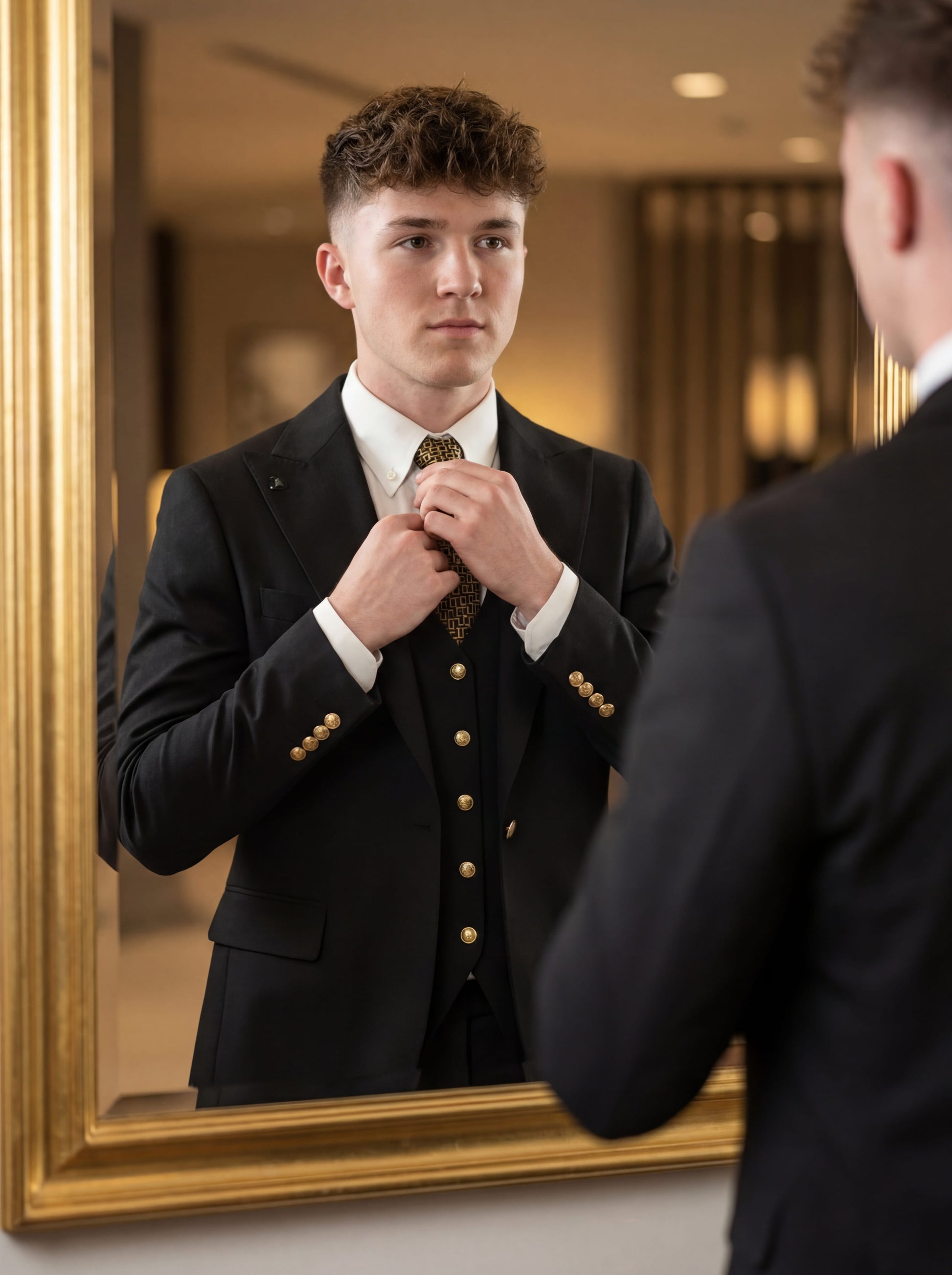 Model in Elegant Black Slim Fit 3-Piece Prom Suit standing outdoors with confident smile.