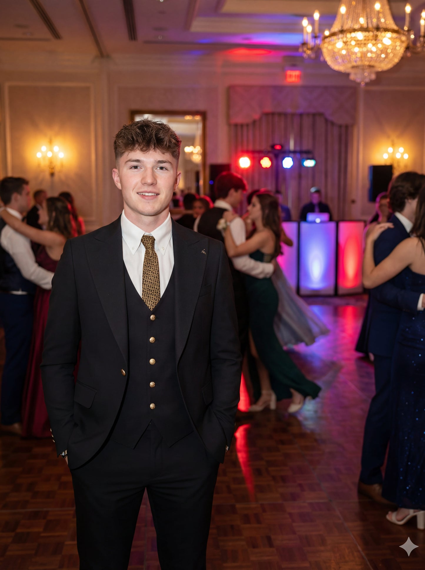 Model in Elegant Black Slim Fit 3-Piece Prom Suit standing outdoors with confident smile.