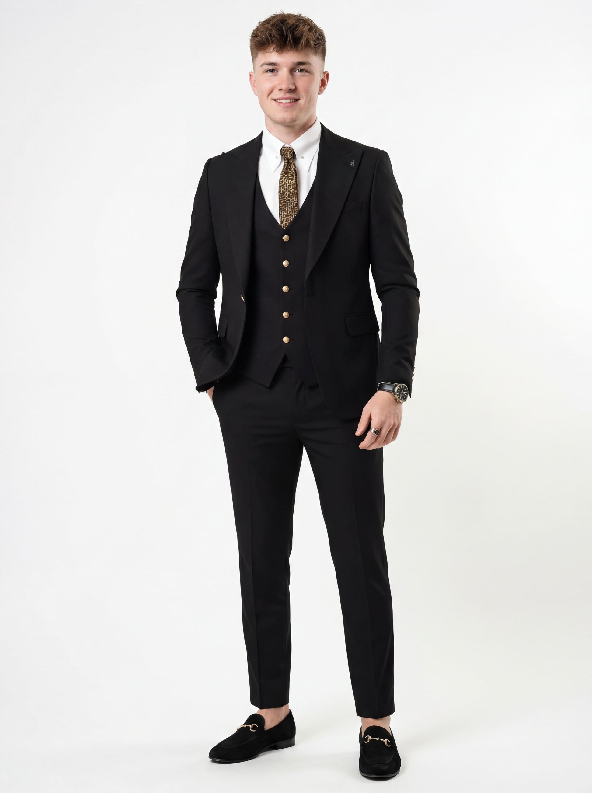 Model in Elegant Black Slim Fit 3-Piece Prom Suit standing outdoors with confident smile.
