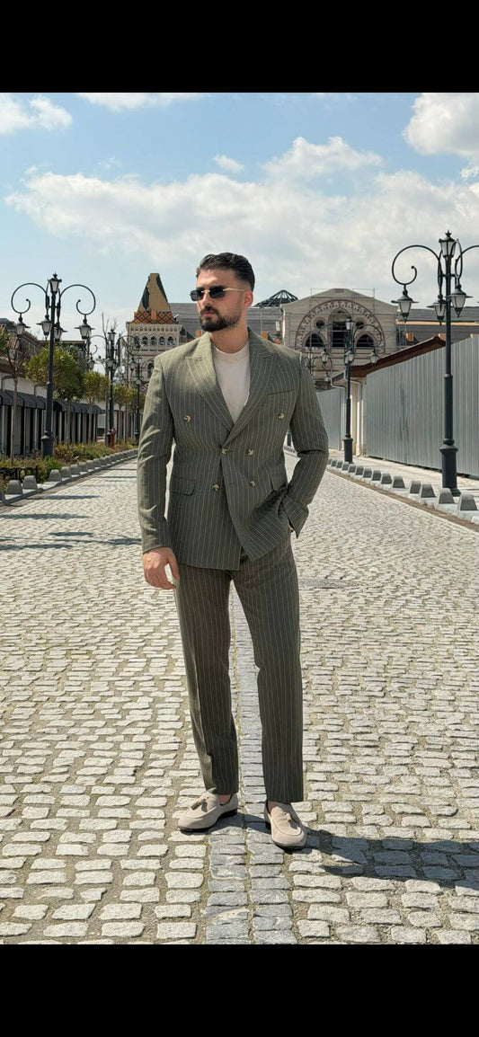 Men’s khaki pinstripe double-breasted slim fit suit with modern tailored design and lightweight breathable fabric