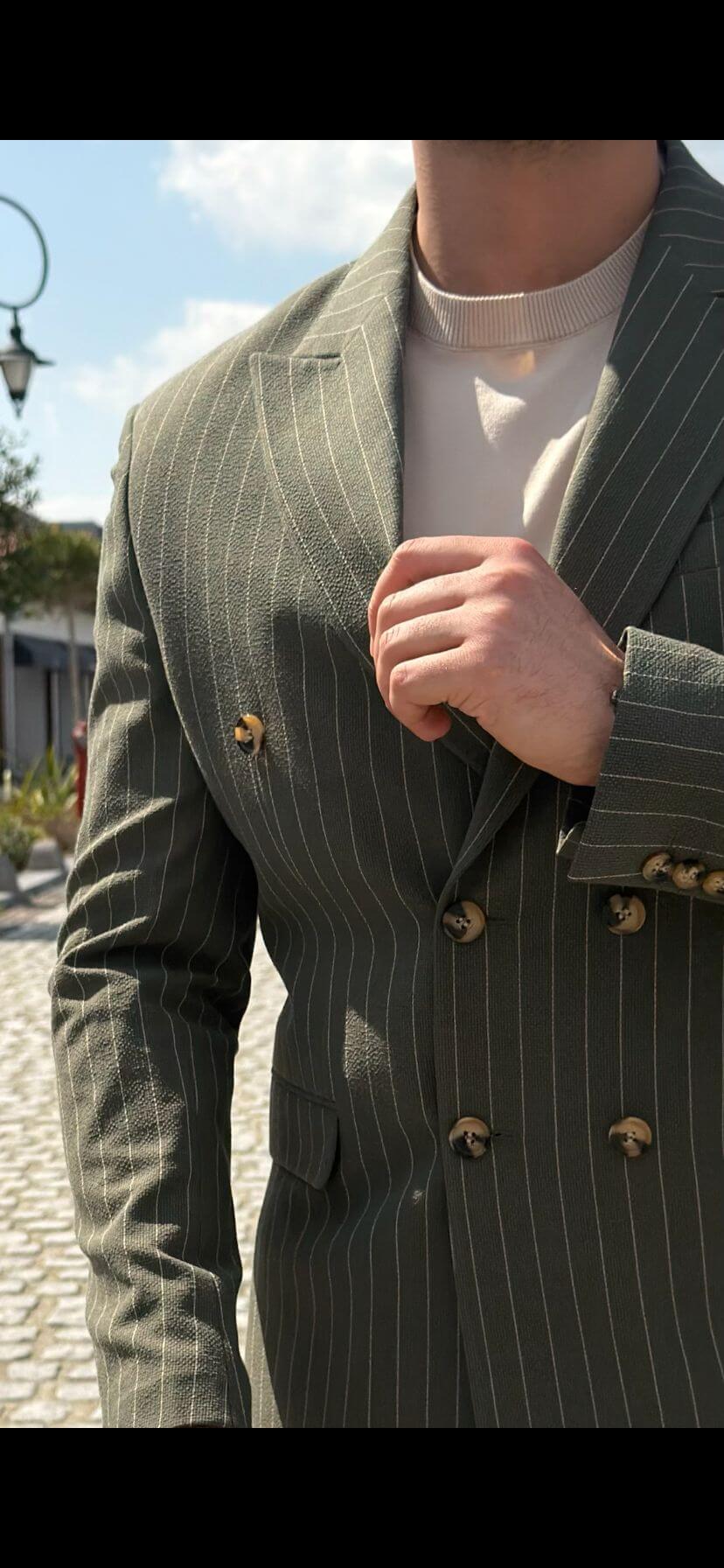 Men’s khaki pinstripe double-breasted slim fit suit with modern tailored design and lightweight breathable fabric