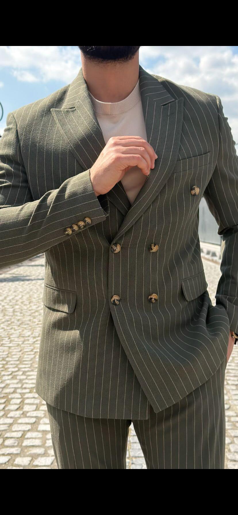 Men’s khaki pinstripe double-breasted slim fit suit with modern tailored design and lightweight breathable fabric