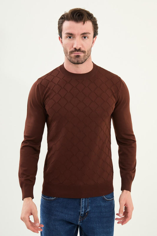 Men’s tile brown textured crew neck sweater with geometric knit pattern, slim fit smart casual knit styled with blue jeans