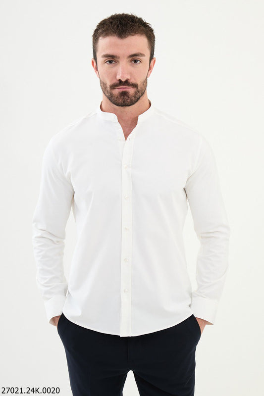 White-Ecru Mandarin Collar Shirt.