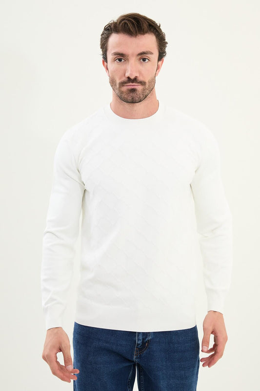 Men’s white textured crew neck sweater with subtle geometric knit pattern, slim fit smart casual knit styled with blue jeans