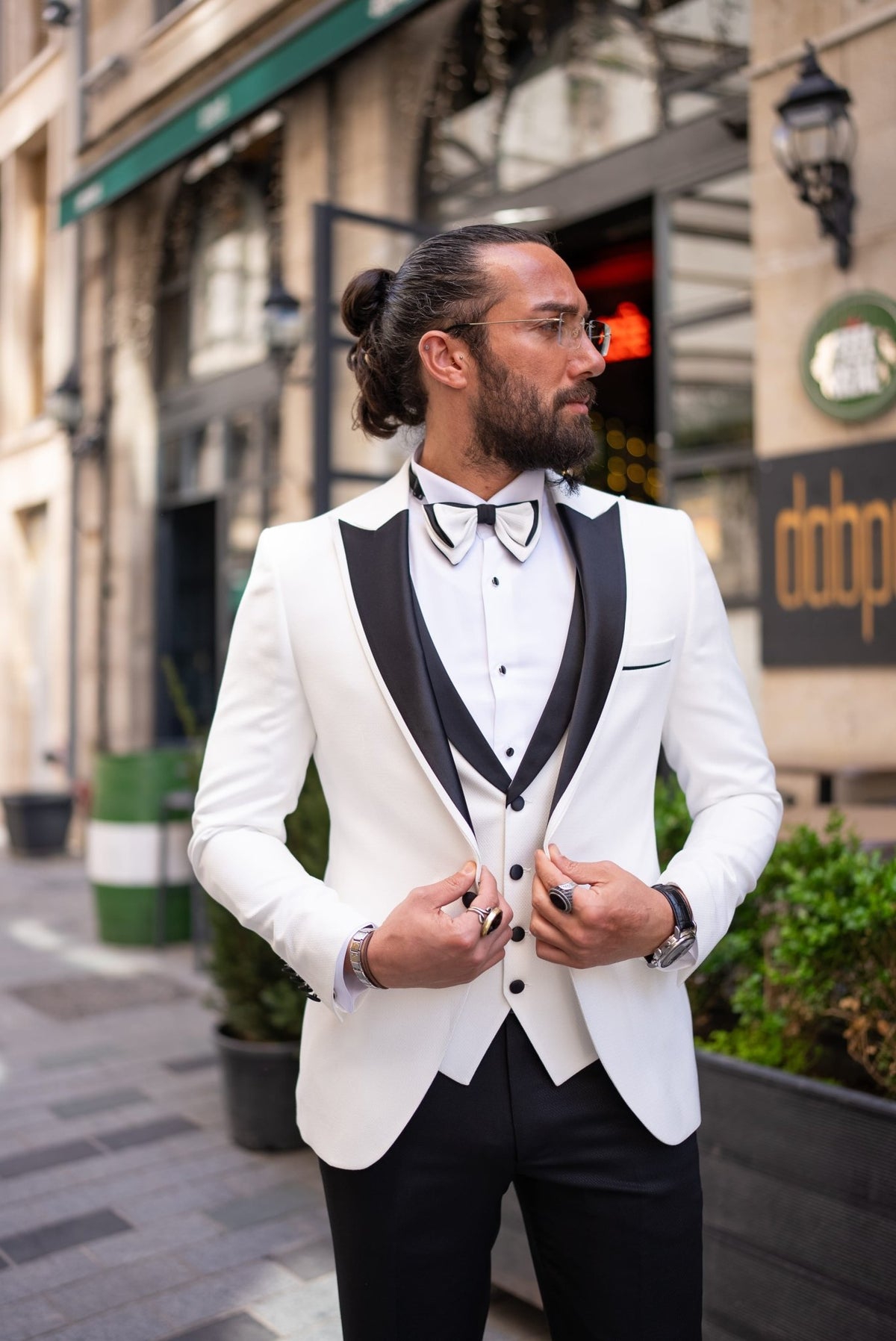 Como 3 Piece Tuxedo — White Satin Lapel