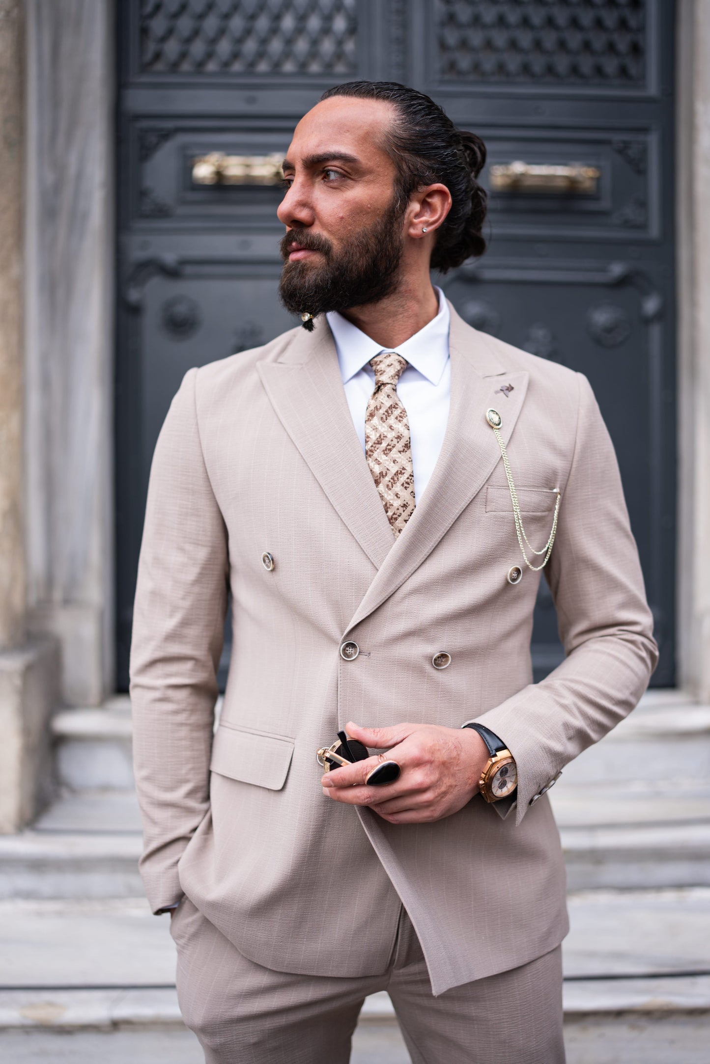Hollo Double Breasted Pinstripe Beige Suit