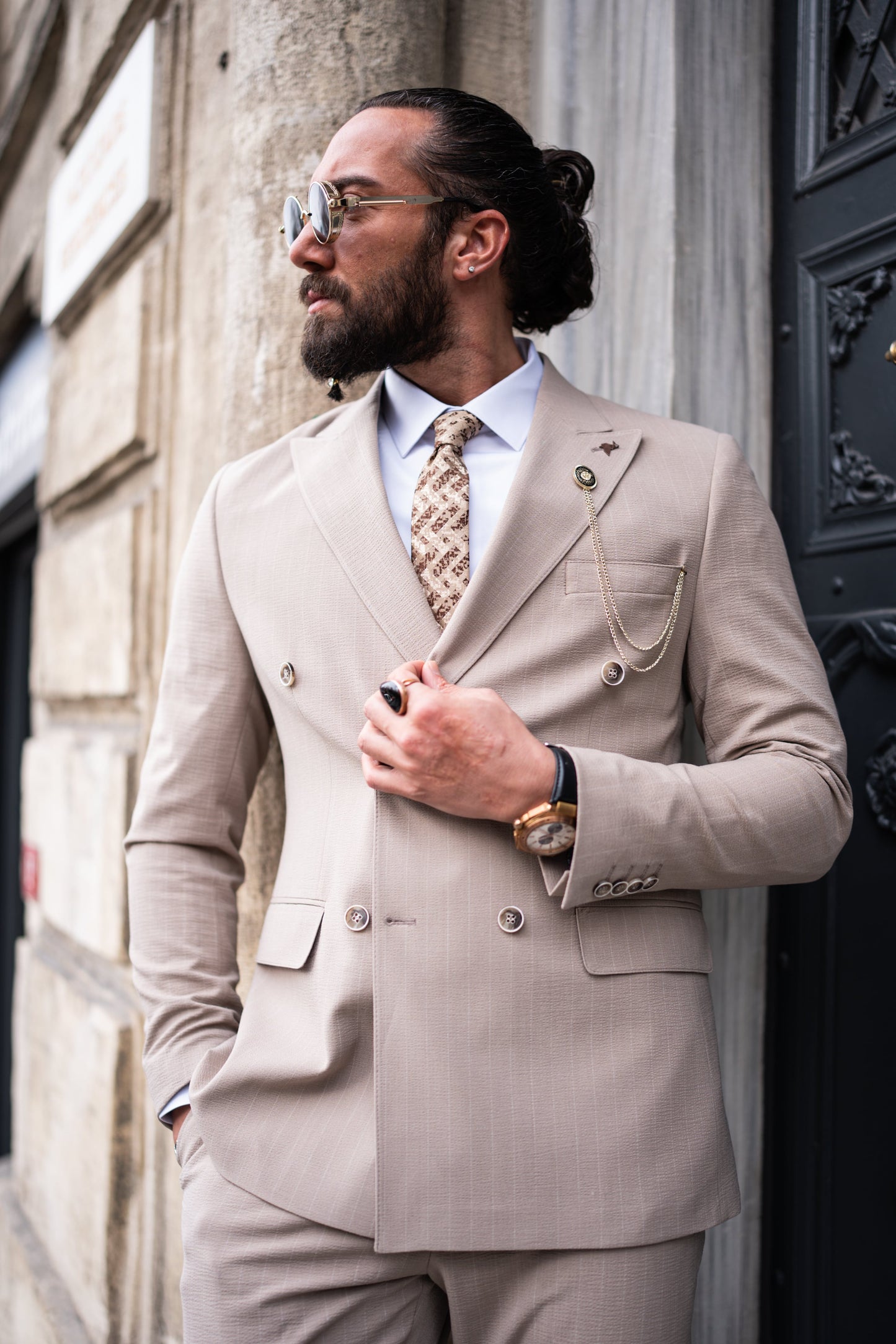Hollo Double Breasted Pinstripe Beige Suit