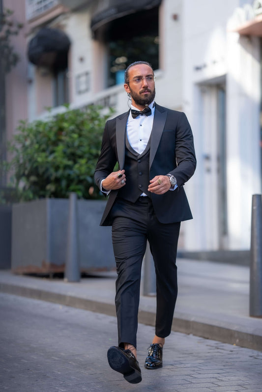Black tuxedo satin-look collar and chest, side angle detail
