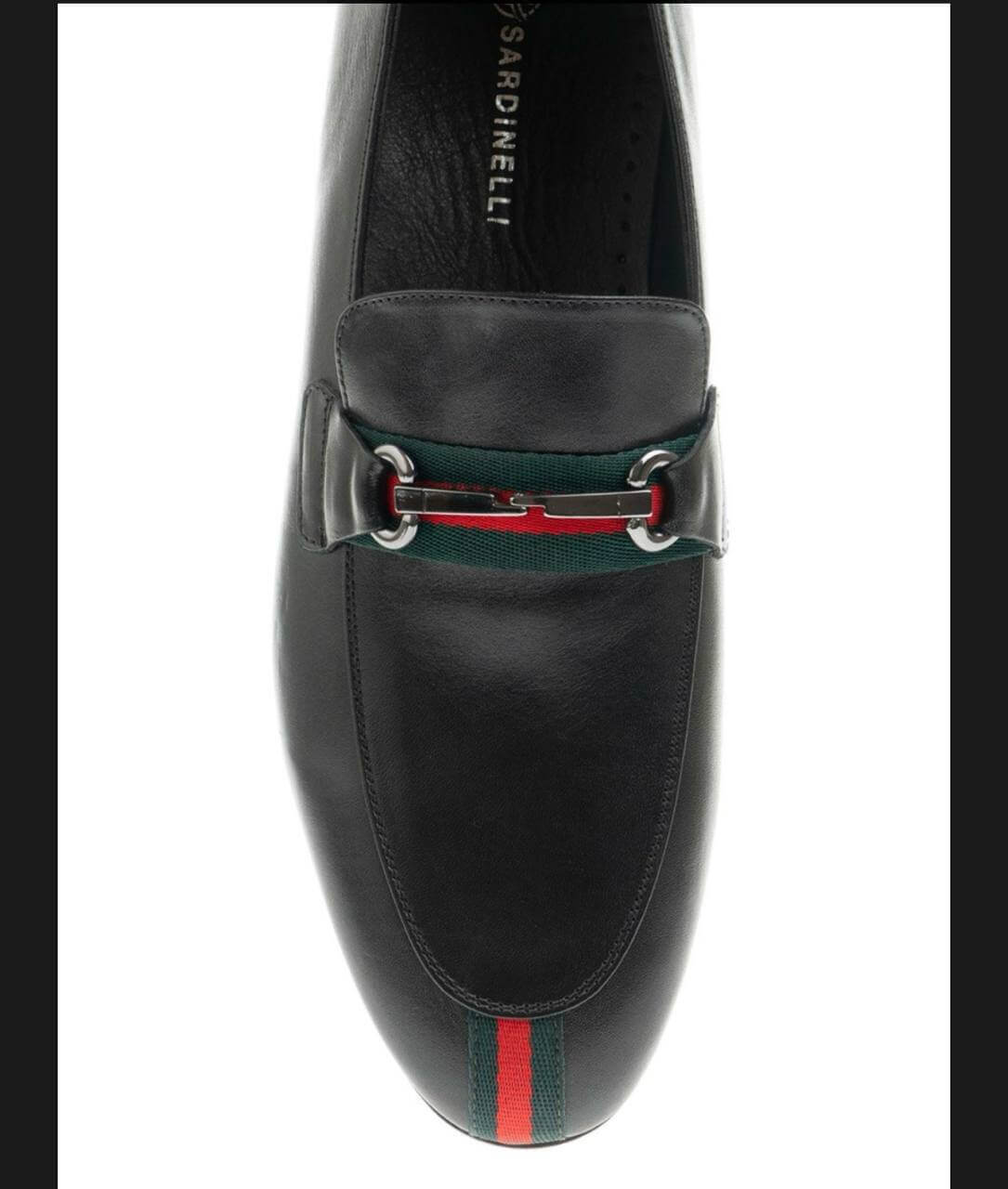 Black leather loafer with red and green web stripe and silver horsebit detail.