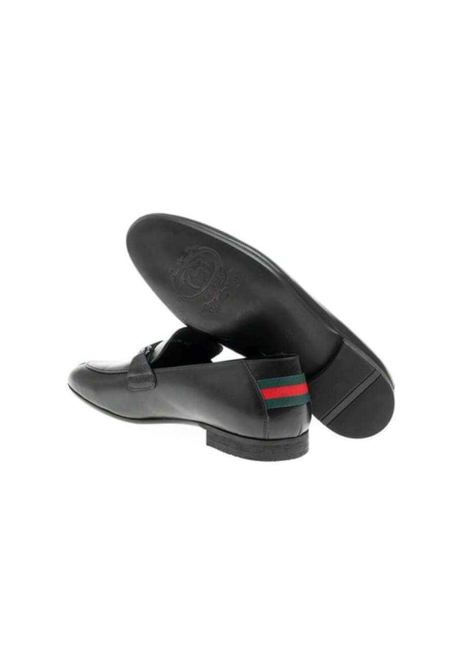 Black leather loafer with red and green web stripe and silver horsebit detail.