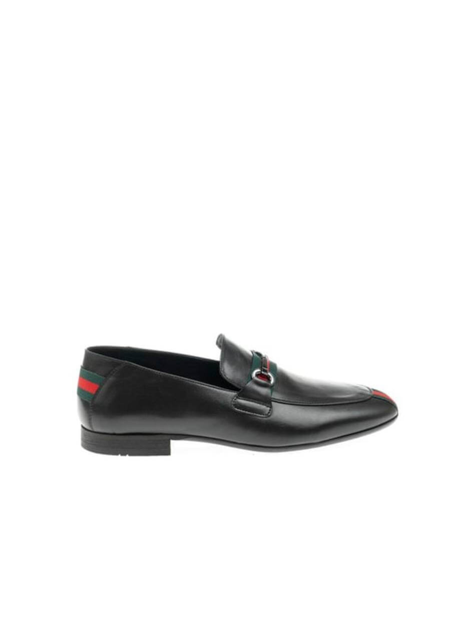 Black leather loafer with red and green web stripe and silver horsebit detail.