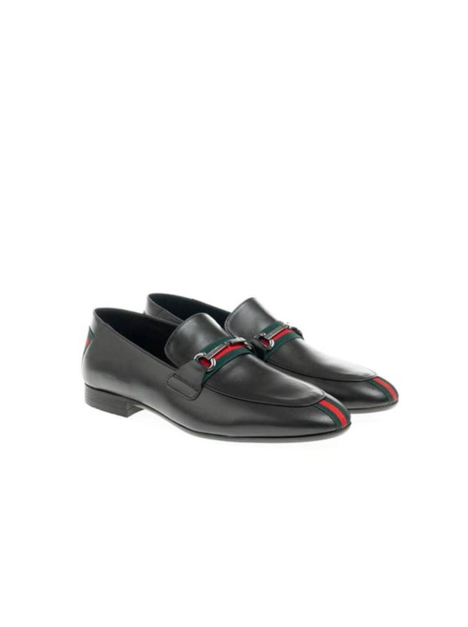 Black leather loafer with red and green web stripe and silver horsebit detail.