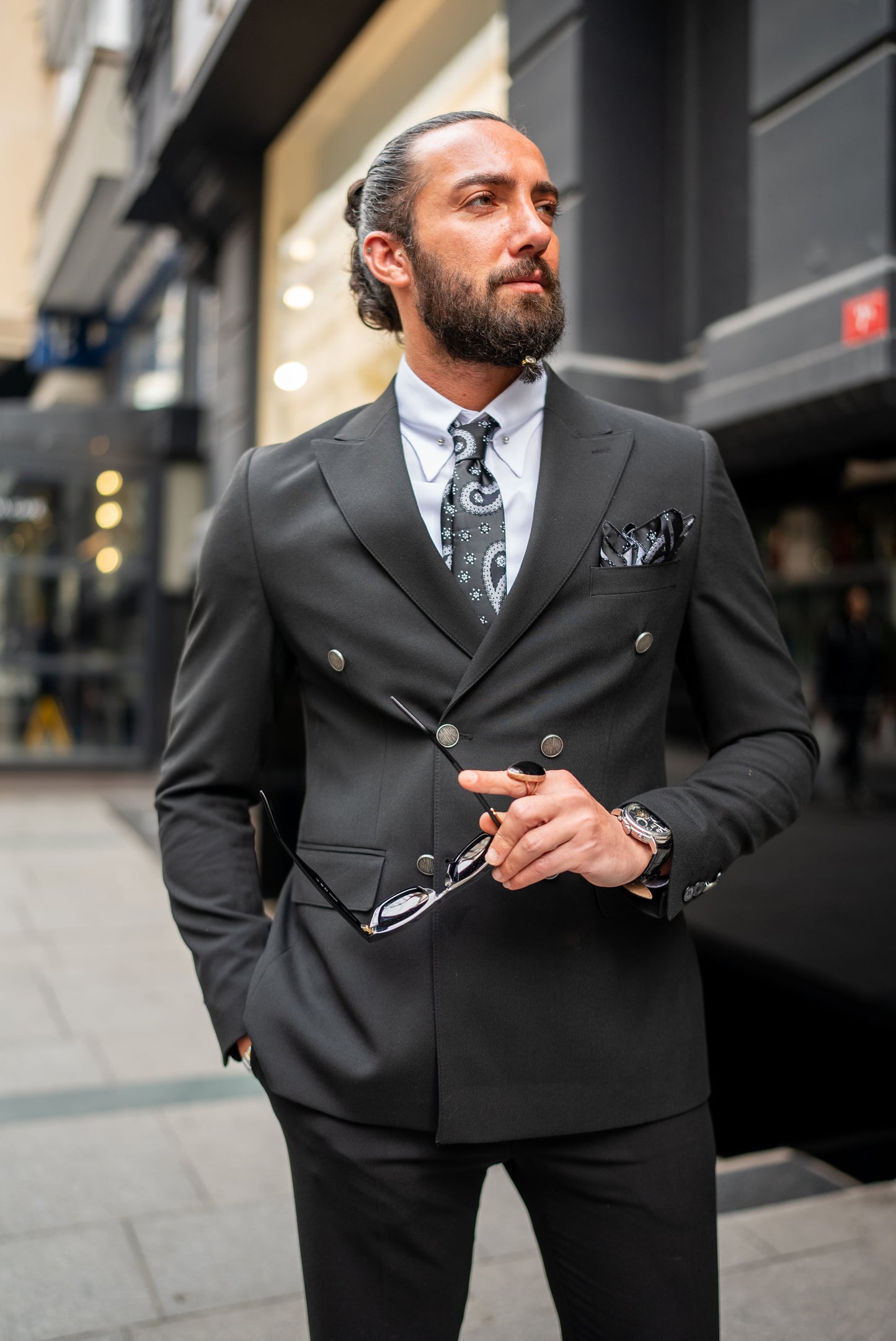 A Black Suit worn by a model
