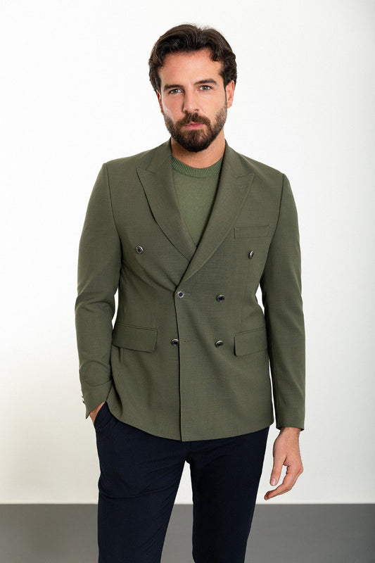 Elegant khaki double breasted blazer from HolloMen, showcasing a perfect blend of modern design and classic tailoring.