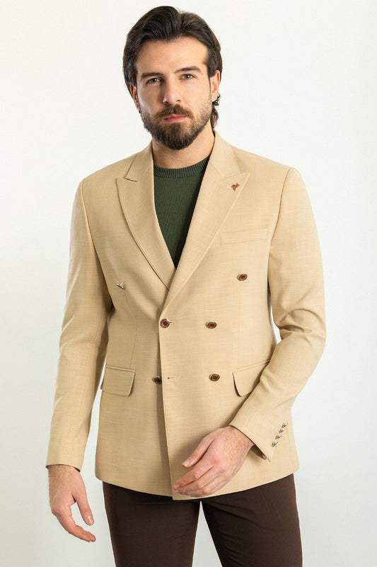 Model wearing a beige double-breasted blazer from HolloMen, perfect for adding sophistication to any outfit.
