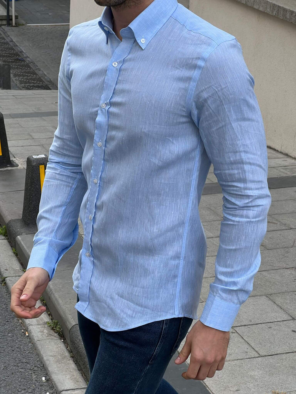 Undeniable Dapper Charm: Men's Blue Linen Shirt | HolloMen