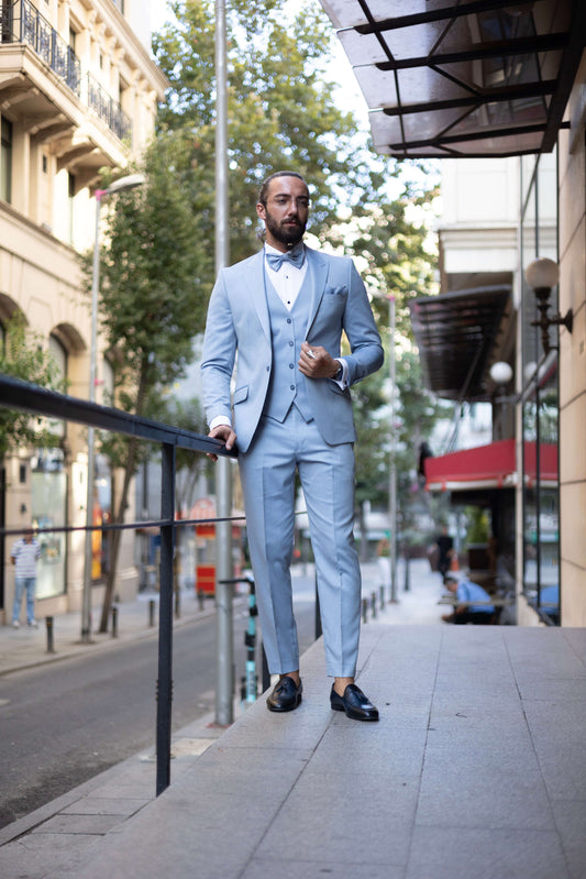 Celestial blue tuxedo with windowpane pattern jacket and trousers, full outfit view