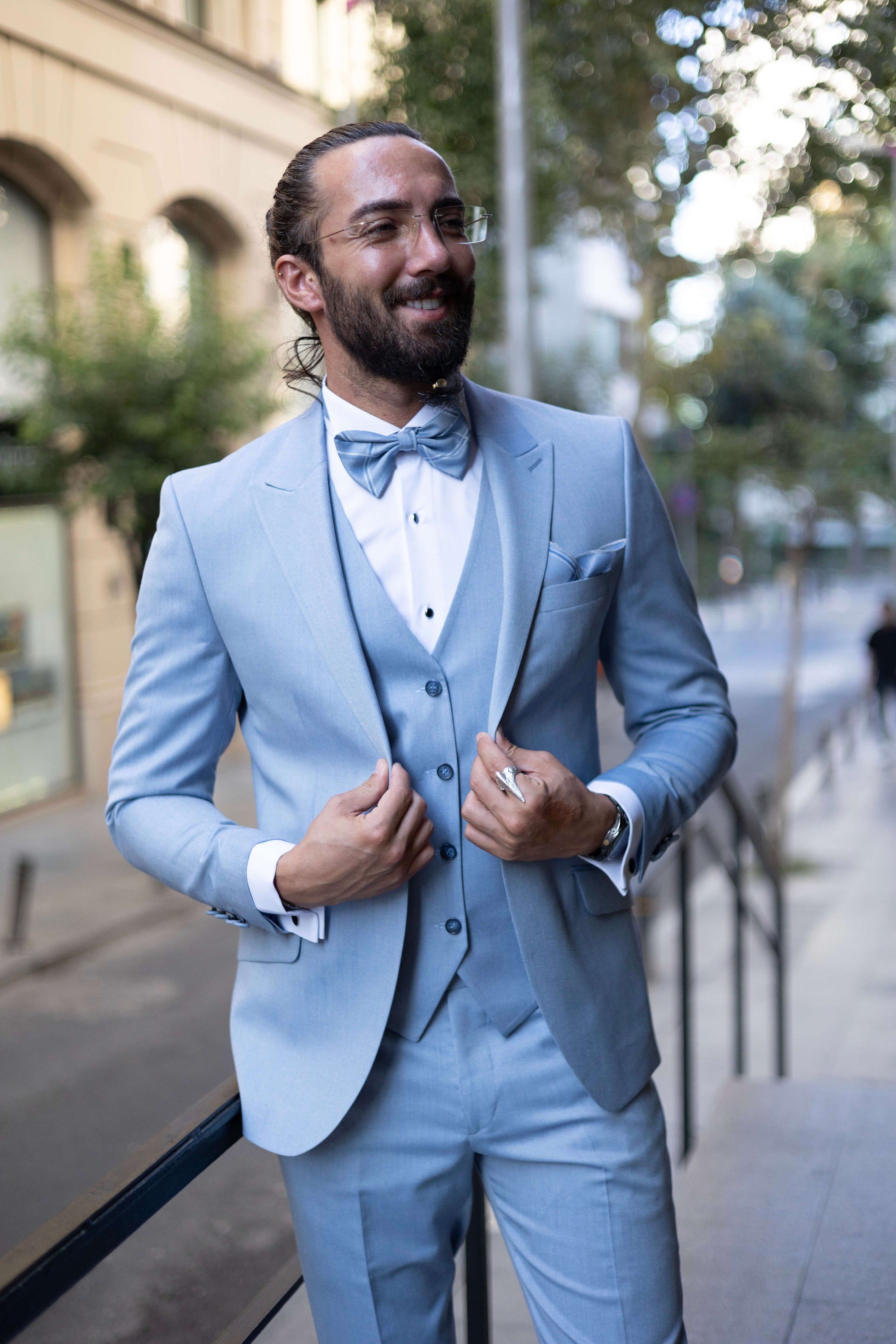 grey tux with blue dress Prom dress and suit matching