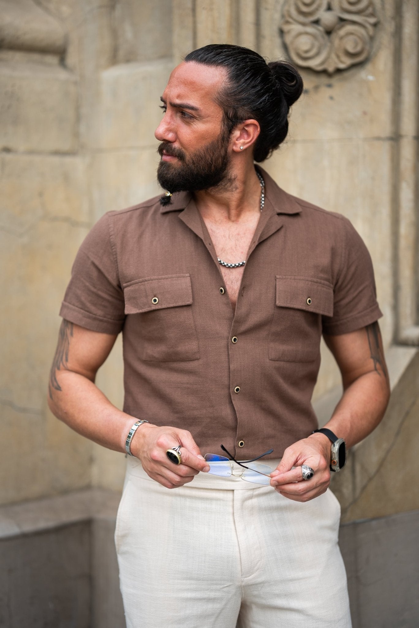 brown short sleeve dress shirt Men's Mustique Solid Short Sleeve Camp Collar Linen Shirt