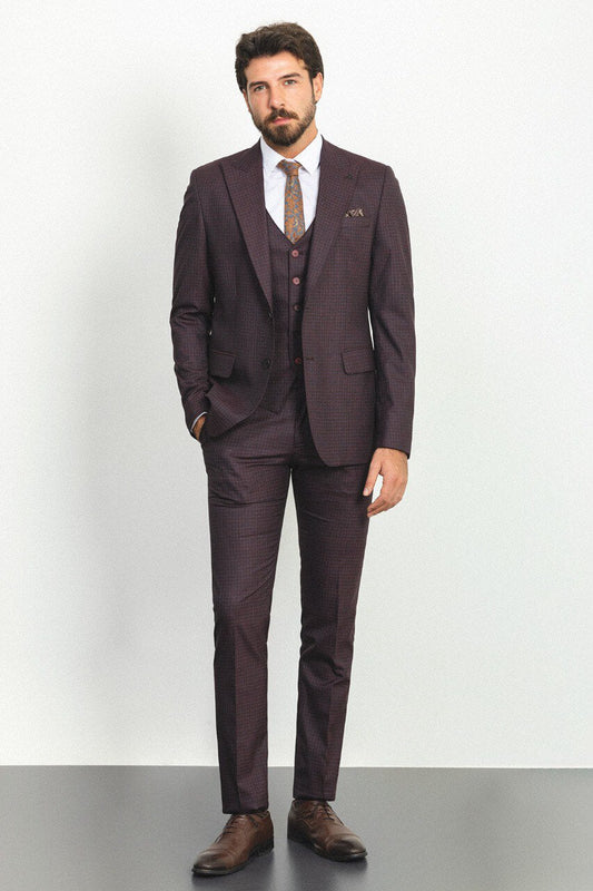 A Burgundy Checkered 3-Piece Suit on Display. 