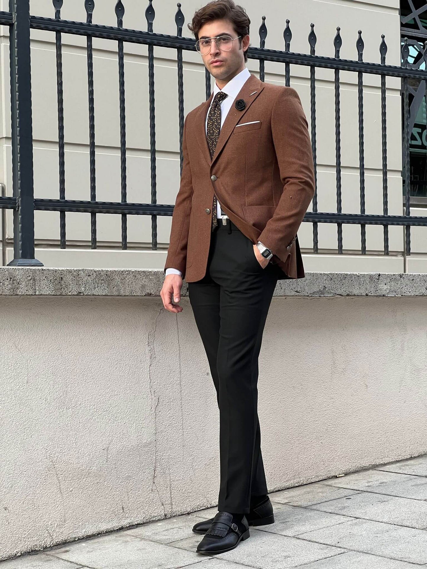 Capture the essence of refined fashion with our male model donning the Camel Jacket