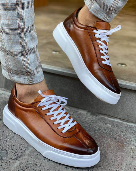 Camel Leather Casual Sneakers - Modern Style & Comfort – HolloMen
