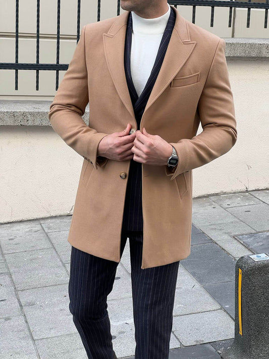 Captivating image of our male model confidently wearing the Camel Coat, a symbol of refined elegance.