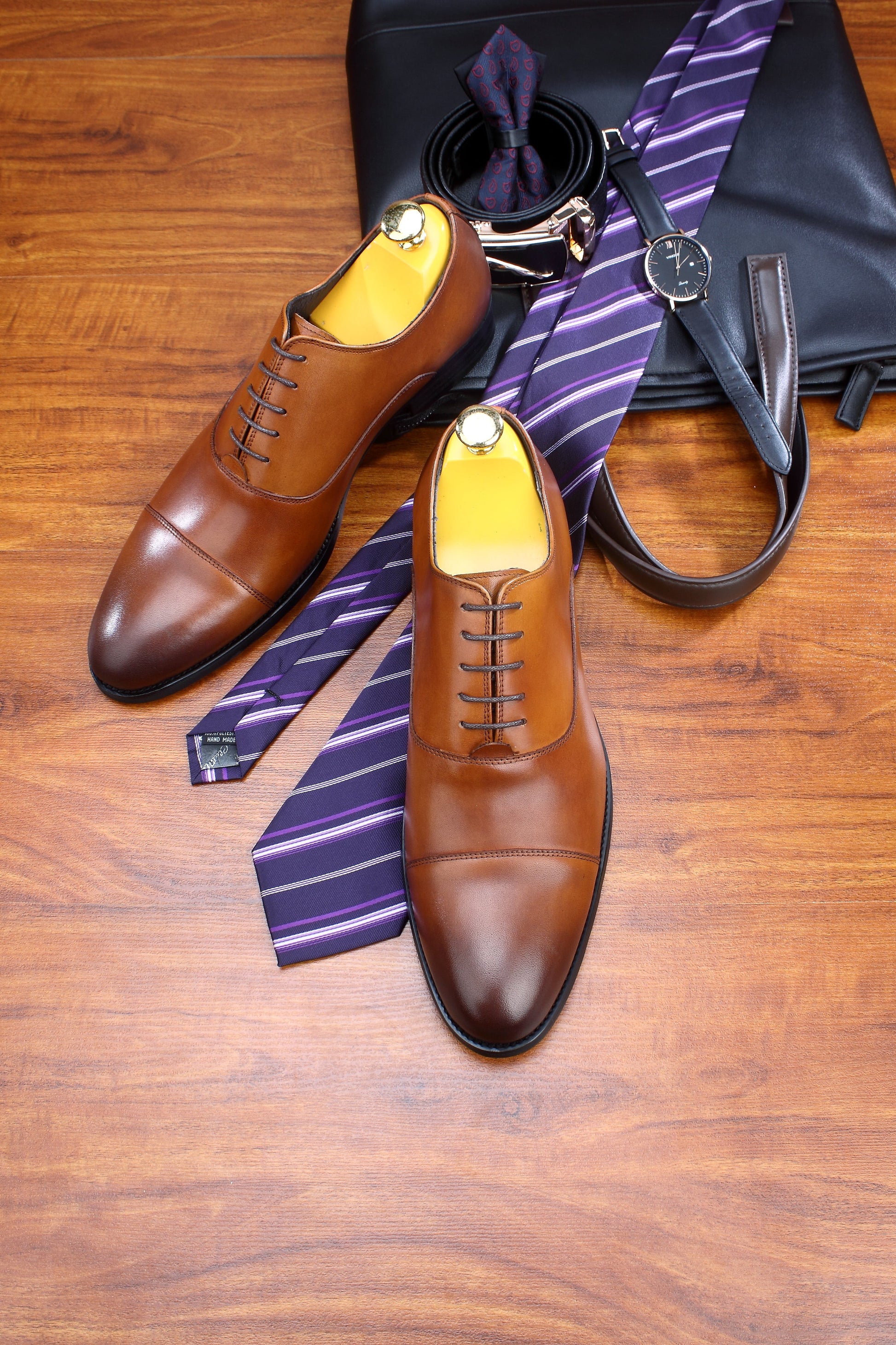 Men's Cognac Brown Cap Toe Oxford Shoes HolloMen Men's Cognac Brown Cap Toe Oxford Shoes HolloMen