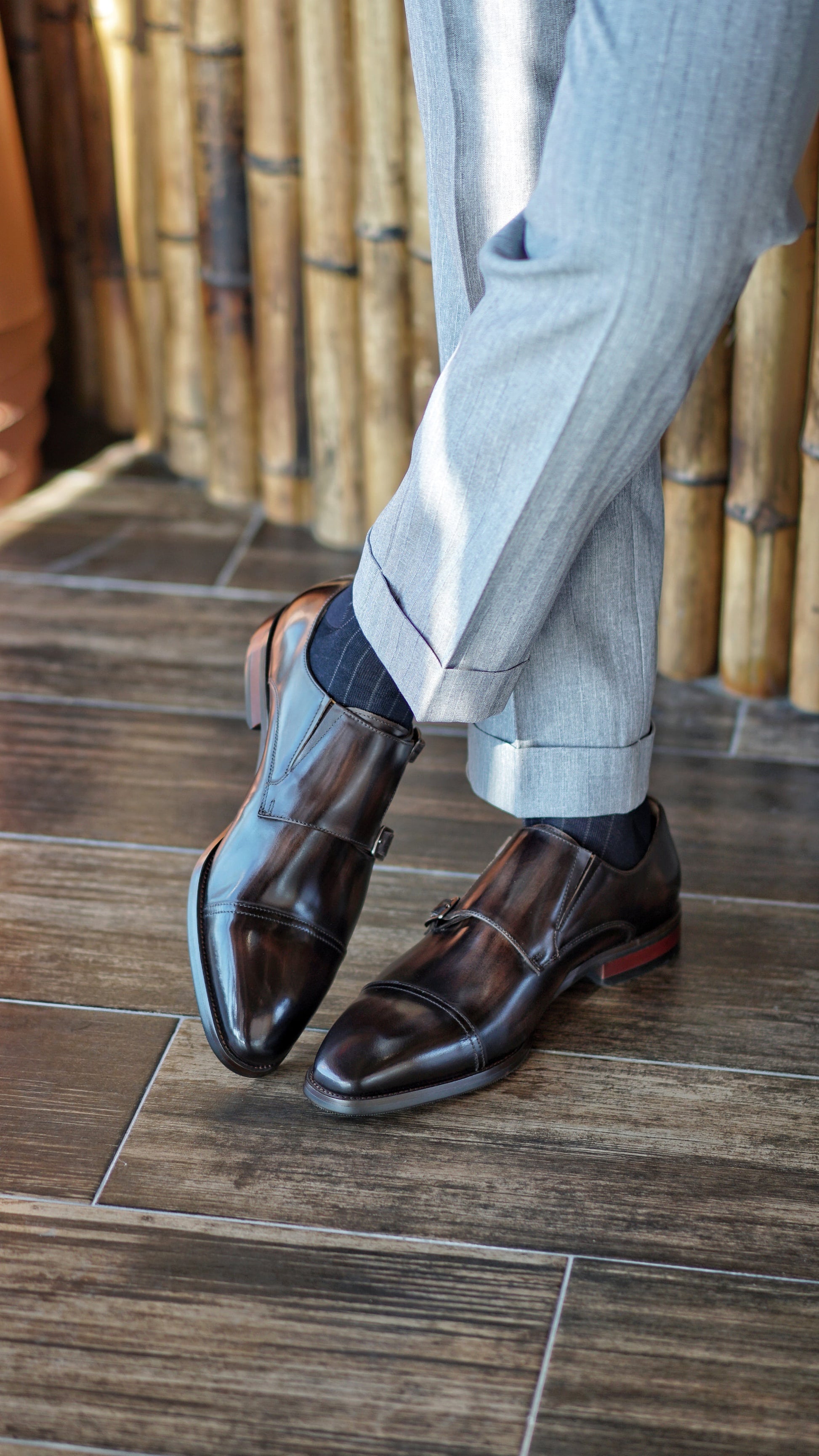 Dark Brown Leather Double Monk Strap Shoes HolloMen Dark Brown Leather Double Monk Strap Shoes HolloMen