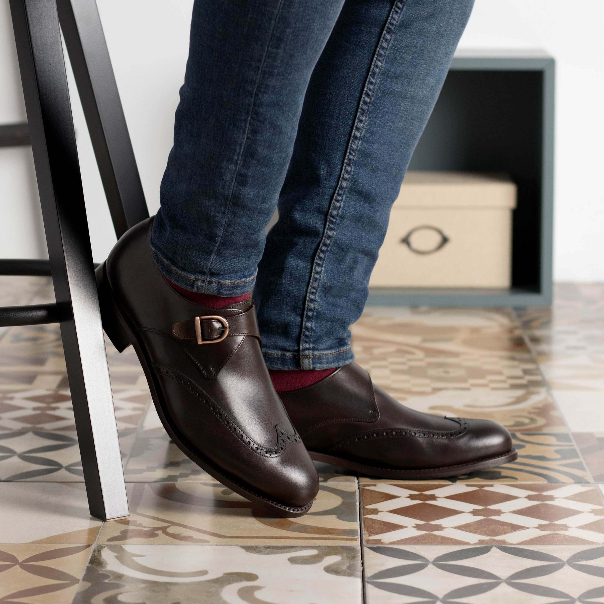 Handmade Dark Brown Leather Single Monk Strap Shoes. HolloMen Handmade Dark Brown Leather Single Monk Strap Shoes. HolloMen