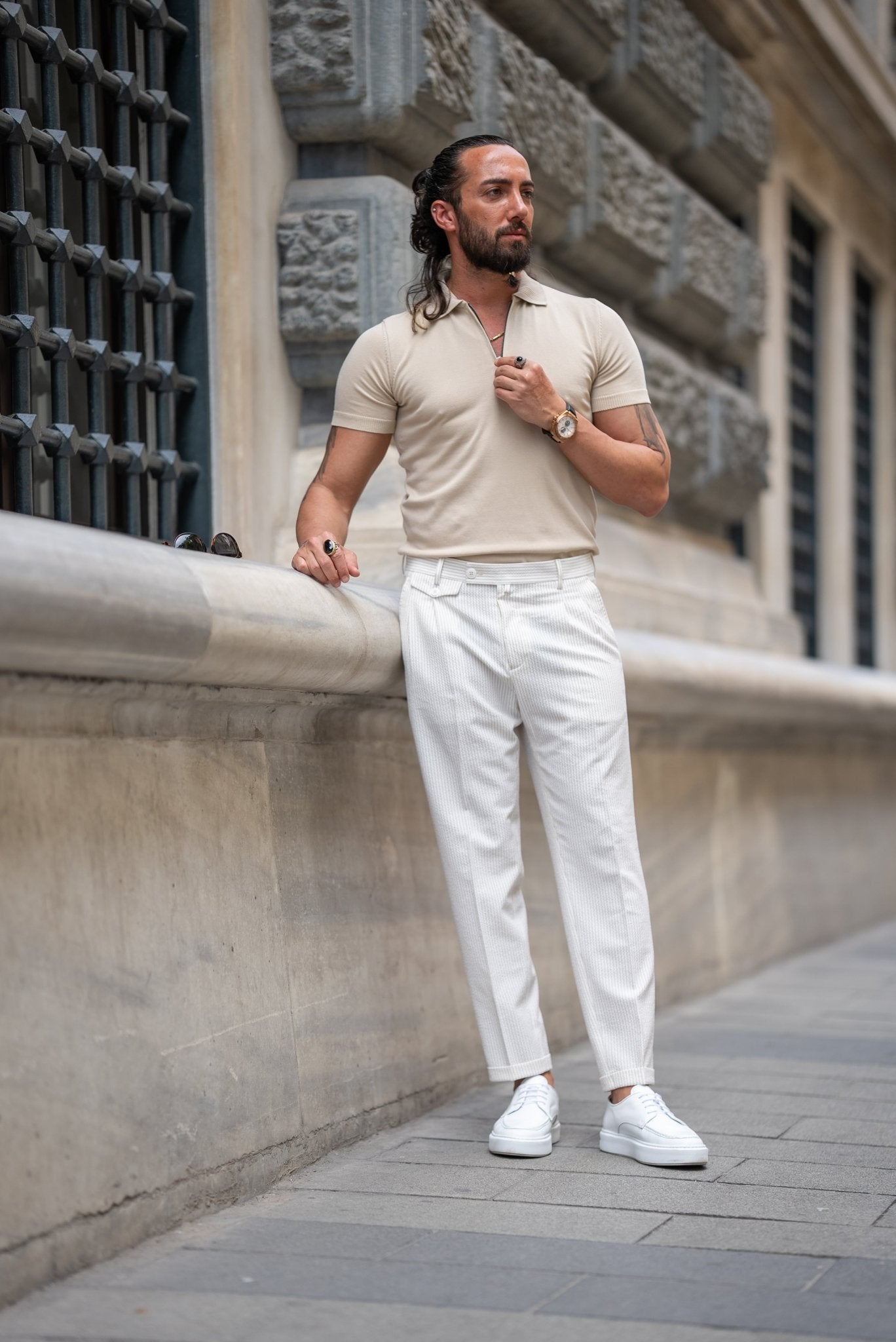 Slim Fit Men's Ecru Fabric Trousers (Casual). HolloMen Slim Fit Men's Ecru Fabric Trousers (Casual). HolloMen