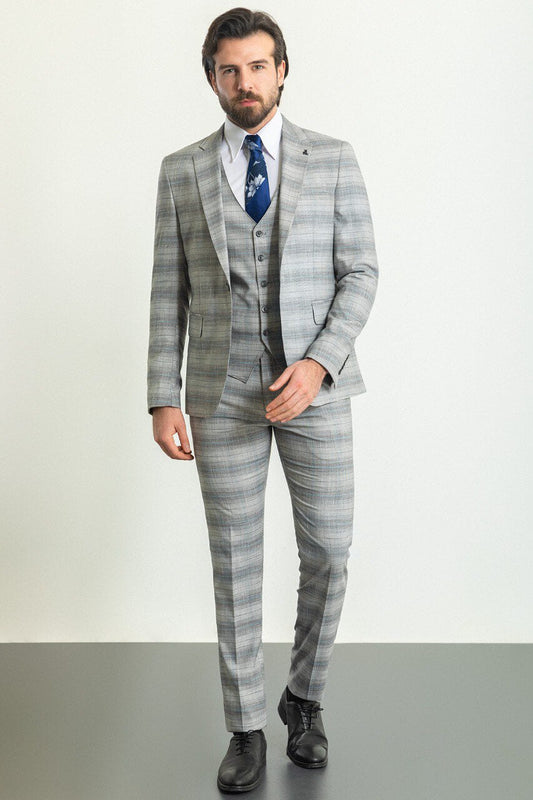 A Patterned Gray Blue Suit on Display.